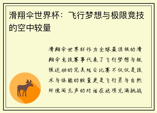 滑翔伞世界杯：飞行梦想与极限竞技的空中较量